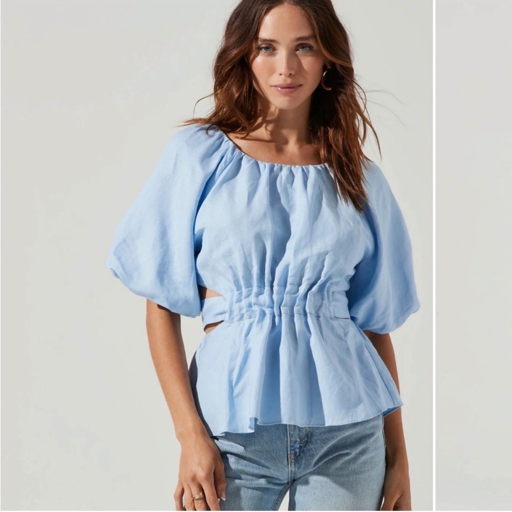ASTR The Label Blue Linen Blend Vendetti Cutout Puff Sleeve Peplum Top XS Women - Picture 2 of 6